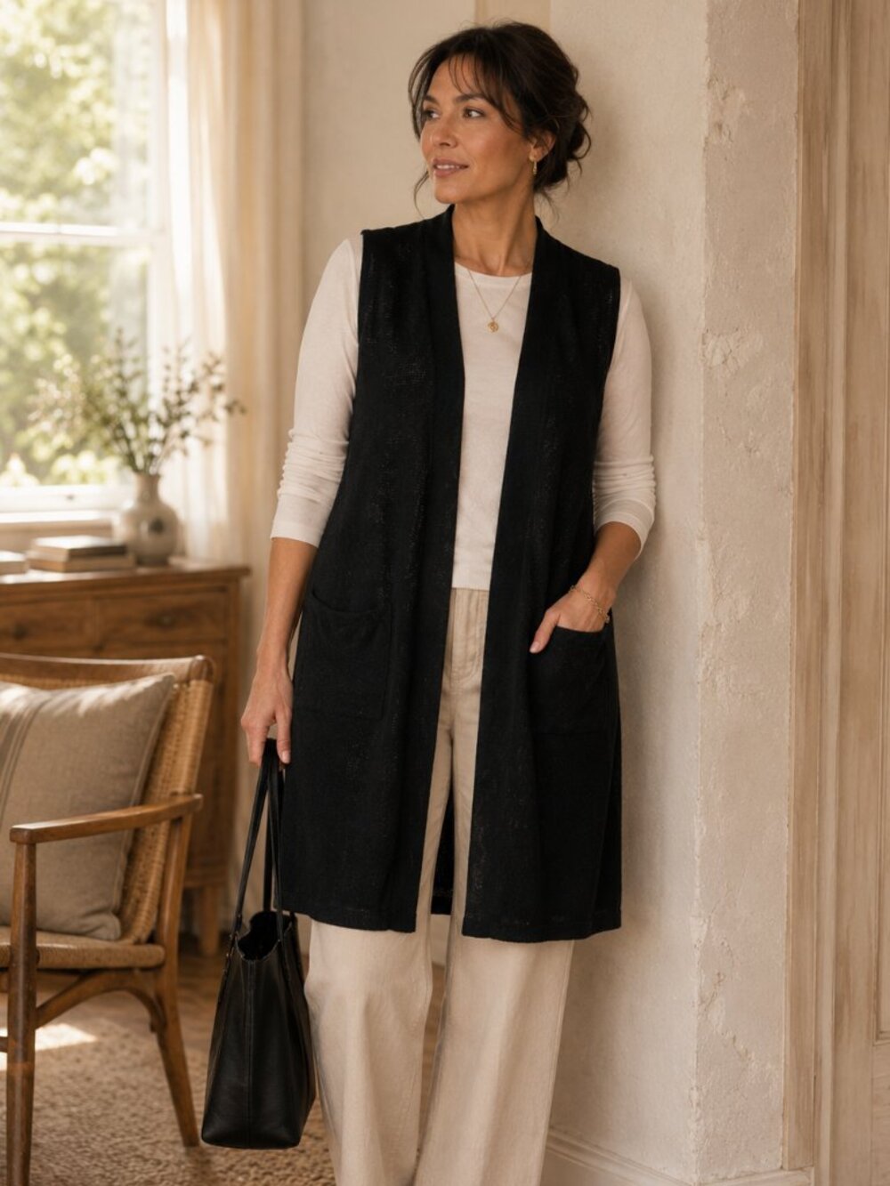 J Jill Linen Blend Black Sleeveless Cardigan Open Front XS